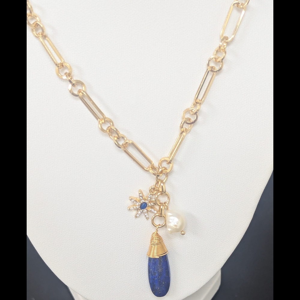 Blue Lapis Lazuli Pendant Necklace Gold Paperclip Chain Pearl & Starburst Accent